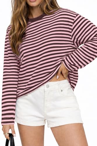 CHYRII Women Oversized Striped Long Sleeve T Shirts Fashion Casual Fall Spring 2026 Y2K Tops (Pink+Coffee M)