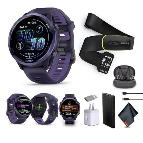 Garmin Forerunner 570 Running Smartwatch, 47MM WiFi, GPS Fitness Watch for Men and Women, Indigo Aluminum with Translucent Imperial Purple/Indigo Band​ + Access 600 Fitness Monitor, XS-S​​ + More