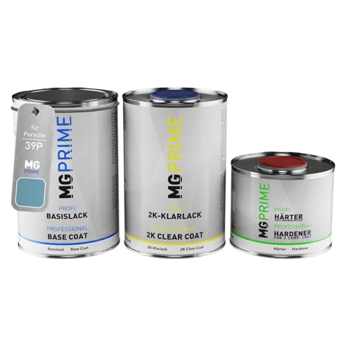 MG PRIME Autolack Dose Set für Porsche 39P Hellblau Metallic/Light Blue Metallic Basislack 2K Klarlack Härter spritzfertig 2,5L
