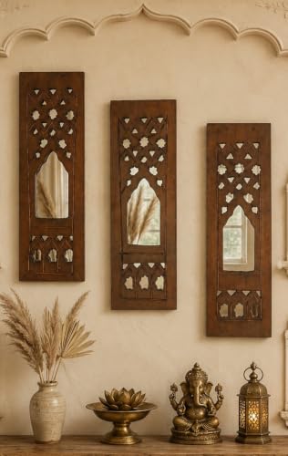 Image of DE KRAFTSMAN wall panels for living room CARVED JHAROKHA style 3 wall decor handcarved antique wall hanging showpieces
