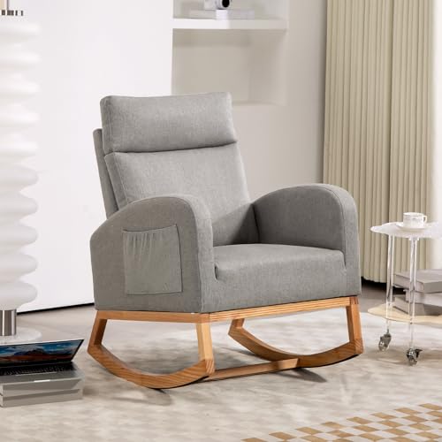 Image of GarveeHome Rocking Chair Nursery Glider Chair, Upholstered Rocking Chair for Nursery with Rubber Wood Legs, Comfy High Backrest, Side Pockets, Armchair for Living Room, Bedroom, Gray