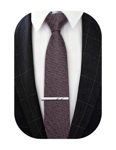 Image of Barry.Wang Skinny Ties for Men Wool Blend Herringbone Necktie with Tie Clip | Tie and Tie Clip Set, Cashmere Wool Stripe, 2.76 x 63 Inches, Extra Long Slim, Wedding Work Party Classic