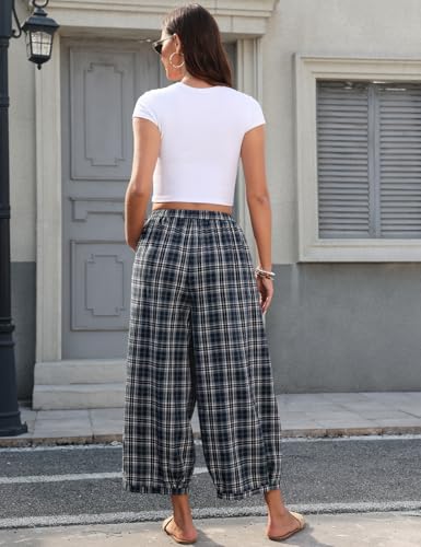 Image of TARSE Women's Plaid Cotton Linen Wide Leg Pants with Pockets | Plaid Barrel Leg Loose Harem Pants, Elastic Drawstring Waist, Casual Boho Summer Capri Palazzo
