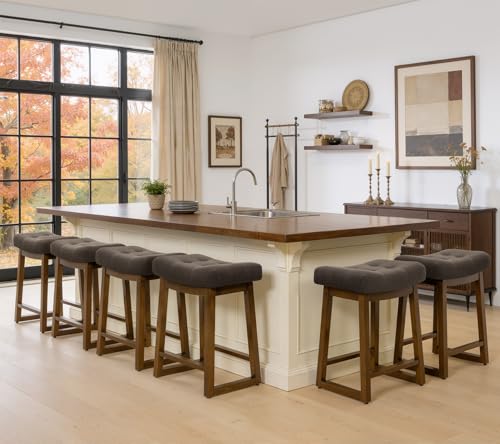 Image of Bar Stools Set of 6, Backless Counter Height Bar Stools, 24 Inch Modern Saddle Bar Stools with Walnut Legs & Upholstered Fabric Seat, Wooden Counter Stools for Kitchen Island, Home Bar, Brown