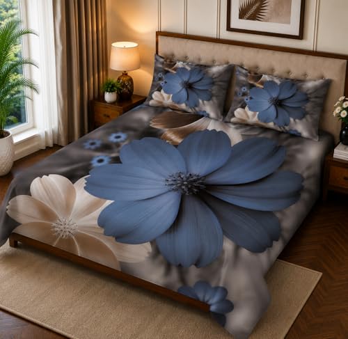 Image of 7D Digital Printed King Size Bedsheet with 2 Pillow Covers | Soft Premium Cotton Feel Microfiber Double Bed Bedsheet |Breathable,Wrinkle Free & Fade Resistant|(Greyblue, KingSize-225x250CM)