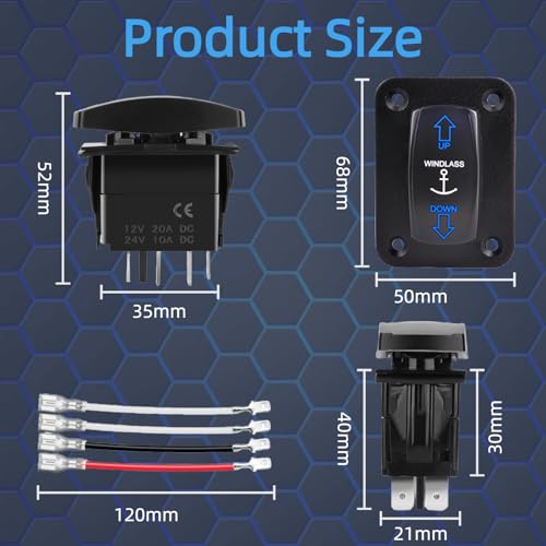 Anchor Windlass Rocker Switch 12V-24V DC, Up Down Arrow Reverse Polarity SPDT 4 Pin 3 Position (ON)-Off-(ON) Momentary Toggle Switch for Boat, Winch, RV Jack, Motor Reversing (with Panel, Blue)