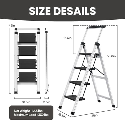 XinSunho 4 Step Ladder Folding Aluminum Stool Retractable Handrail - Image 2
