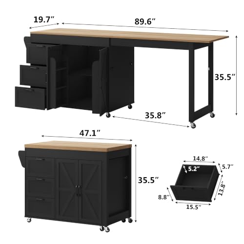 47”- 90” Flip-Top Kitchen Island with Extendable Dining Table,…