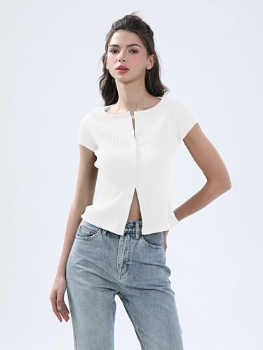 Ribbed Button Down T Shirts for Women Short Sleeve Going Out Tops Cropped Fitted Knit Blouses2