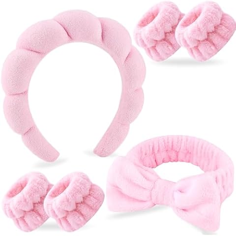 Zkptops 6Pcs Spa Headband for Washing Face Wristbands Set Women Bubble Skincare Makeup Sponge Terry Cloth Padded Puffy Headband Bow Tie Hairband Cute Non Slip Thick Hair Accessory Gifts(Pink) Cover