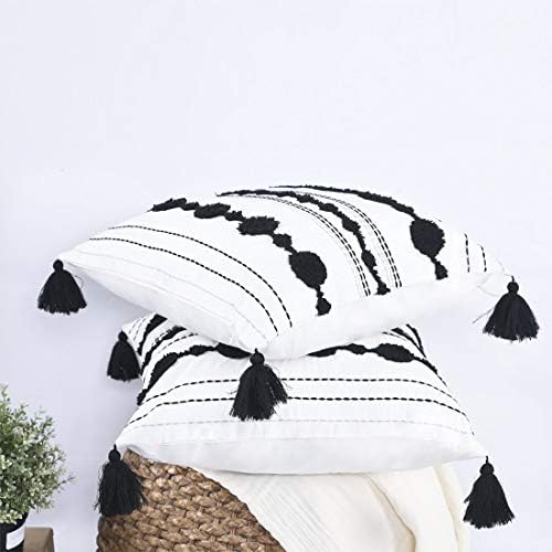 Chlophy Boho Cushion Covers 18x18 45x45CM Set of 2 Black and White Tufted Textured Sofa Cushion Cases Tassel Farmhouse Modern Off White Decorative Accent Beige Ivory