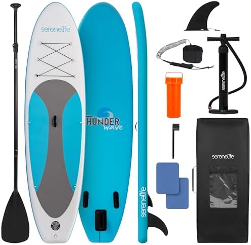 SereneLife Inflatable Stand Up Paddle Board - Wide Stable Design, Non-Slip Deck for Adults & Youth with Premium Paddle Board Accessories: Carry Bag, Dual Action Pump, Paddle, Ankle Leash - 10