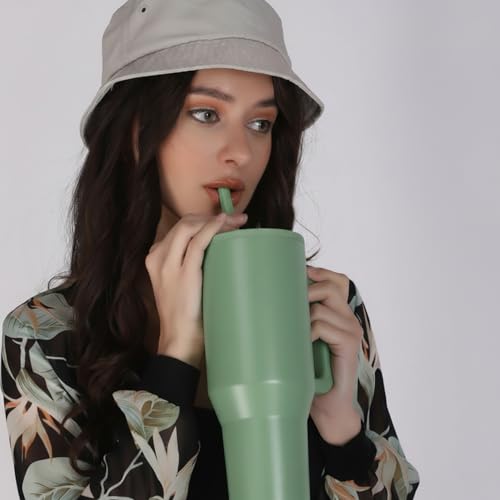 Image of House of Quirk 1200ML Tumbler with Handle & Simple Flip Straw - Car Cup Holder Friendly, Leak Resistant Stainless Steel Water Bottle with Rubber Base (Avocado)