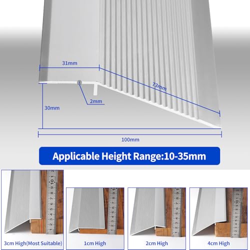Schwellenrampe, Aluminium, 10 cm, breit, Türschwelle, Einspannband, Übergangsprofil, geeignet für Steigungen von 10 – 35 mm, Silber, 1 m