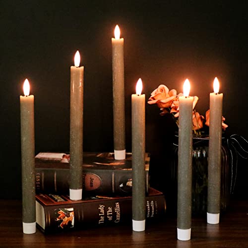 Image of GenSwin Flameless Grey Taper Candles Flickering with 10-Key Remote, Battery Operated Led Warm 3D Wick Light Window Candles Real Wax Pack of 6, Christmas Home Wedding Decor(0.78 X 9.64 Inch)