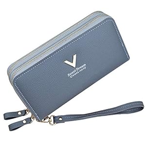Damesportemonnee met dubbele ritssluiting, PU-leer, telefoonportemonnee voor vrouwen, grote capaciteit, lange clutch, portemonnee met meerdere kaartsleuven, armband, portemonnee, grijs 2, Eén maat, Stijlvol.