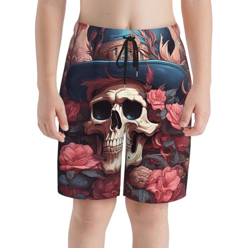 Boys Swim Trunks Beach Board Shorts Pockets Kids Youth Bathing Suits, Skull Captain Vintage Cool Flowers3