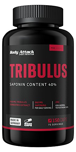 Body Attack Tribulus Extrakt - 150 Kapseln - Made in Germany - hochdosierte Tribulus Terrestris Kapseln, 1600mg Tribulus & 960mg Saponine mit Vitamin B5 + Zink, für alle Sportler sowie Athleten