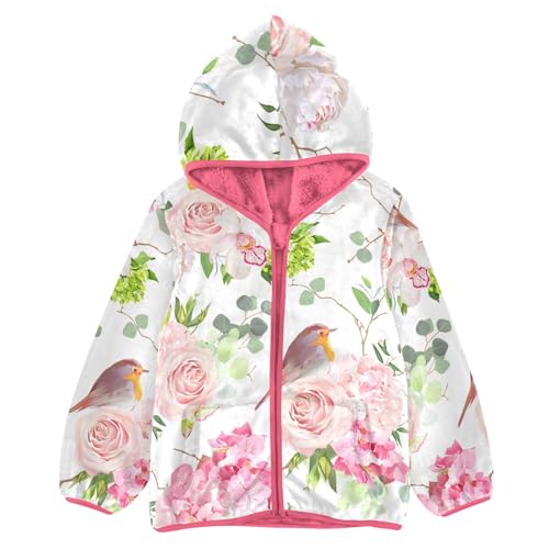 OTVEE Spring Bird Pink Flowers Kids Hoodie Jacket Fall Spring Full Zip Warm Outwear Coat