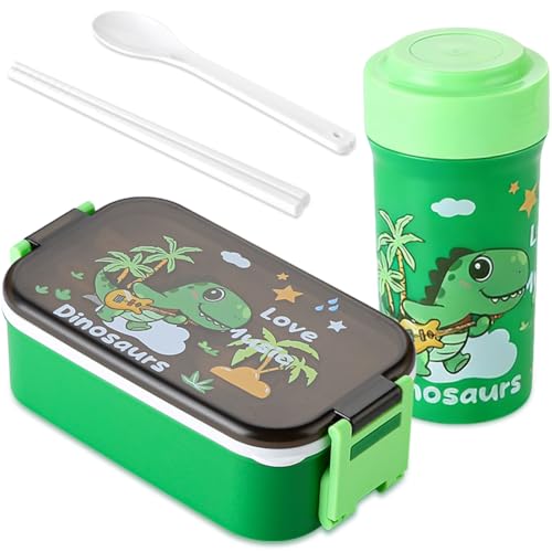 OZXVXZO Juego de Almuerzo Recipientes Fiambrera con Cubiertos Botella para Beber, Set de Almuerzo para el Colegio o para Llevar - 900 ml + 500 ml - Dino, Verde
