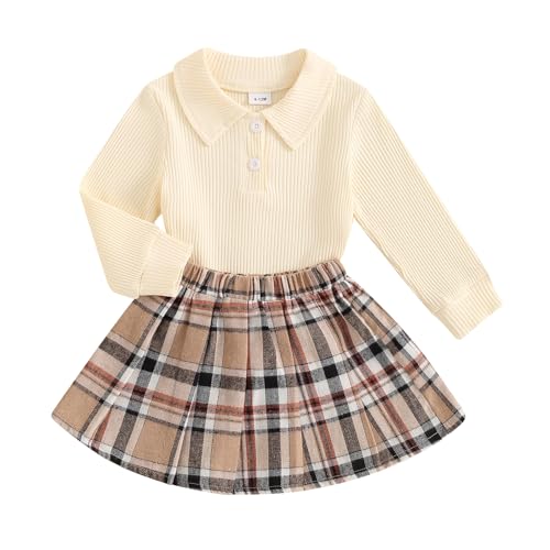JLKGICF Toddler Baby Girl Fall Winter Clothes Long Sleeve Solid Knit T Shirt Tops Floral/Plaid Mini Pleated Skirts Set 12M-5T (Buffalo Plaid Apricot, 3-4T)