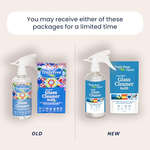 Truly Free Natural Glass Cleaner - Removes Dirt & Debris for Sparkling Clean Windows & Glass Surfaces at Home, Office & Garage, Includes: 1 Refillable Empty Bottle (16oz) & 2 Refills (3oz ea)