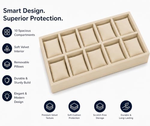 Image of 10 Slot Watch Organizer Tray for Watches, Cream | Tray keeps watches, smartwatches, bracelets and accessories arranged neatly in wardrobe, closet, dresser or dressing table