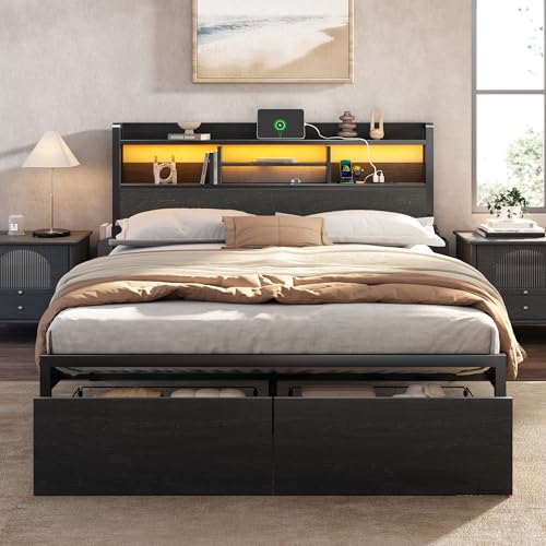 Furnulem Full Size Bed Frame with Wood Headboard