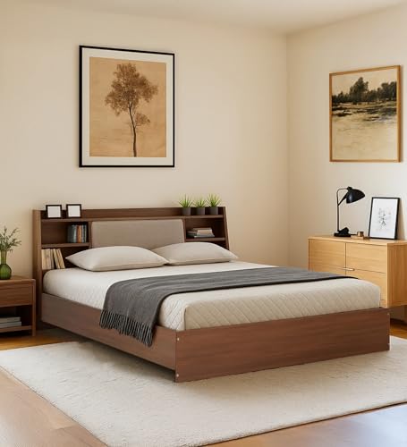 Image of Mintwud Pepperfry Engineered Wood Queen Size Bed Without Storage | Wooden Double Bed Cot with Upholstered Headboard Shelf for Bedroom, Living Room & Hotel (Walnut Finish)