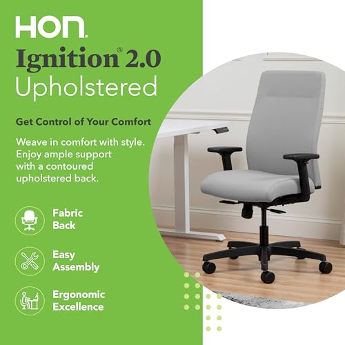 Image of HON Ignition 2.0 Ergonomic Office Chair with Adjustable Arms, Standard Synchro‑Tilt Recline, Upholstered Desk and Computer Chair for Home Office or Workstation, Black Frame, Fog
