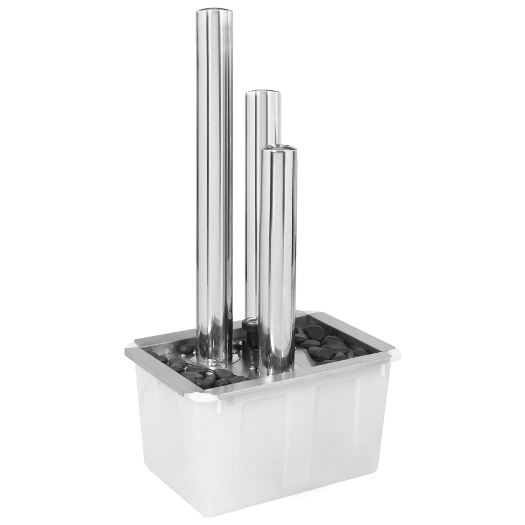 Mangloder Fontana da giardino argentata in acciaio inox, 48 x 34 x 88 cm, con illuminazione a LED, pompa e vasca da 50 l, gioco d'acqua con cascata, per giardino, terrazza, balcone, interni ed esterni