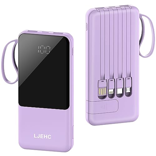 Portable Charger with Built in Cables,10000mAh Slim USB C Power Bank,5 Output 3 Input LED Display High Speed External Battery Pack Travel Phone Charger for iPhone Samsung Pixel LG Moto iPad,Pink