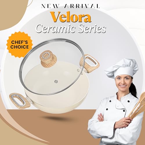 Image of Kadhai with Glass Lid 24cm 2.5 Litre | Velora Non Stick Ceramic Coating | ISI Certified | Aluminium Body | Kitchen Cookware Kadai for Cooking Woks-Cream | Induction Stovetop Compatible |