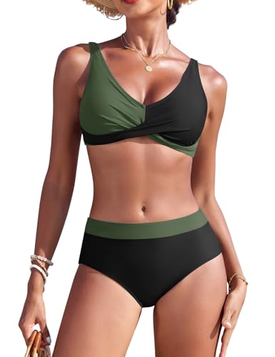 Svanco Costume Donna Due Pezzi Bikini Vita Alta, V-Apertura con Croce e Design Color Block, Costumi Bagno Curvy per Mare e Piscina