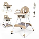 Baby High Chair, 6-in-1 Convertible Highchairs,Foldable and Adjustable High Chair Babies with Removable Tray, Safety Belt, Footrest and Wheels, Growing from 6 Months to 6 Years Baby Chair