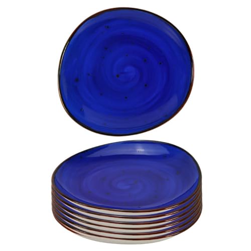 Kadum Juego de 6 platos de cerámica, 21 cm de diámetro, con esmalte de color, 6 platos de postre, color azul