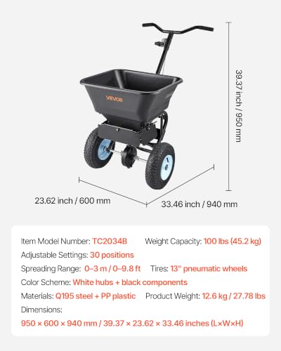 Image of VEVOR Broadcast Spreader 100 lbs Capacity Walk-Behind Push Spreader Black | For Lawn Garden, 0-9.8 ft Spreading Width, 13 in All Terrain Pneumatic Tires, Hopper Grate for Seed Fertilizer Salt Ice Melt | For Lawn Garden, 0-9.8 ft Spreading Width, 13 in All Terrain Pneumatic Tires, Hopper Grate for Seed Fertilizer Salt Ice Melt