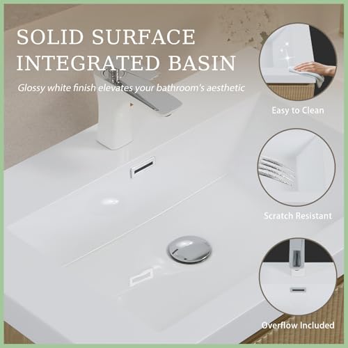Image of Wall Mounted Bathroom Sink Vanity, Modern 30 inch Floating Vanity with Resin Top Basin Sink and U-Shaped Soft-Close Storage Drawer, Striped Bathroom Storage Cabinet with Invisible Handle, Wood