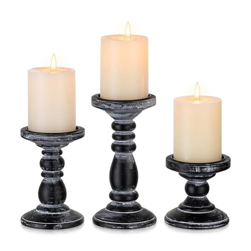 Wood Pillar Candle Holder: 3Pcs Rustic Black Candle Holders for Pillar Candles Wood Candle Holders Distressed Wooden Farmhouse Candle Holder Large Rustic Candle Holder for Fireplace Table