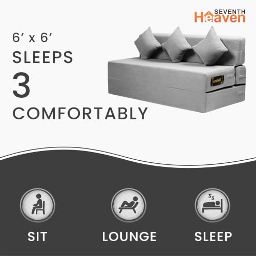 Image of Seventh Heaven Rejioce 4 Seater 6 * 6 Jute Fabric Washable Cover Sofa Cum Bed with 3 Cushions 4 Seater Double Foam Fold Out Sofa Cum Bed (Finish Color - Light Grey Delivery Condition - Pre-Assembled)