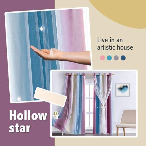 Image of indistar Colourful Stripe Star Cut-Out Blackout Curtains for Bedroom,2 Layers Mix Design of Fabric & Tulle,Pretty Window Curtain for Kids Room 1 Panel (W52 x L72 Purple /Blue)