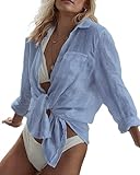 Bsubseach Long Sleeve Beach Shirt Blouses Women Turn Down Collar Bikini Bathing Suit Cover Ups Swimwear Cyan