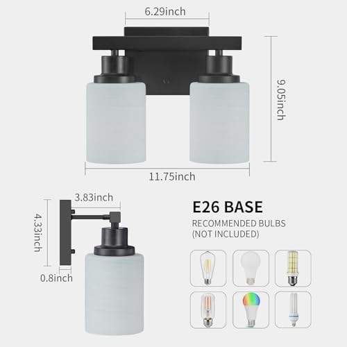 Image of Bathroom Light Fixtures Over Mirror 2-Light Black 10.6in | White Frosted Ribbed Glass Shade Vanity Lights Bathroom Wall Lamp Sconces for Mirror Bedroom Hallway Small Space E26 Base