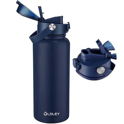 Image of OLDLEY 32oz Insulated Water Bottle with 2-in-1 Straw & Chug Lid, Leakproof Stainless Steel Bottle, Double Wall Vacuum Insulated Water Bottle for Sports, Gym, Travel,Navy