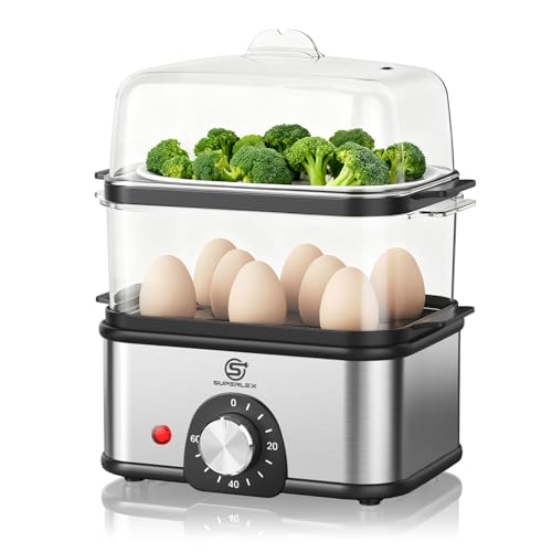 Egg Boiler Stainless Steel, Electric Egg Steamer Egg Cooker, Timer Setting for Hardness Adjustment, 60-Min Timer, Automatic Shut-Off Overheating (2-Tier Egg Boiler)