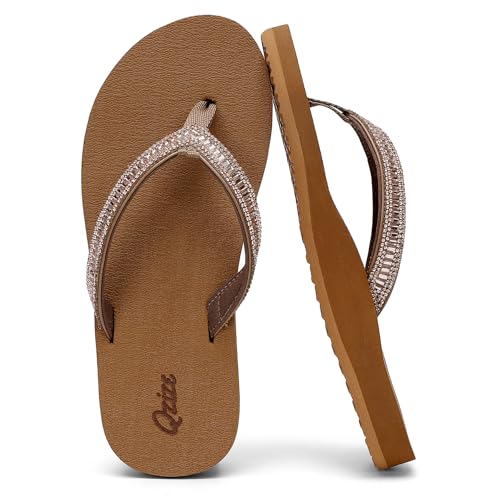 Qzize Womens Flip Flops with Rhinestone Arch Support Yoga Mat Lightweight Thong Sandals for Women Beach Walking Khaki Size 8