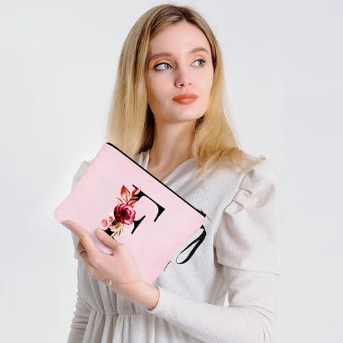 Image of Vavabox A-Z Personalized Makeup Bag, Birthday Gifts for Women Mom, Gifts for Best Friend, Bride Bridesmaid Cosmetic bag (F, Pink)