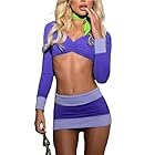 Women Halloween Velma and Daphne Cosplay Costume Long Sleeve Crop Top and Mini Skirt with Stockings/Scarf Outfit Set (B Light Purple, S)