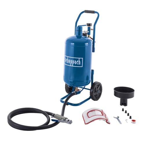 Scheppach Mobiles Sandstrahlgerät SBT-20 Sandtrahlpistole mit 2 5m Schlauch | Luftverbrauch 250 L/min | Betriebsdruck 4 8 bar | Volumen 20L | Strahlgut 13L - Ø 0 1-0 63mm | Glasperlen Aluminiumoxid