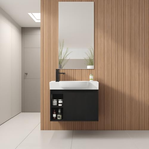 Image of 26 inch Wall Mounted Bathroom Vanity with Integrated Ceramic Sink, Modern Floating Bathroom Cabinet with Soft-Close Door & 2 Open Storage Shelves, Small Bath Vanity Set, Easy to Clean, Dark Oak